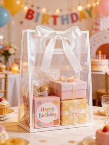 12-Packs Clear Gift Bags With White Trim And Satin Ribbon Bows; Reusable PVC Tote Bag For Weddings, Bridal Showers, Birthday Gift Wrapping,Elegant Gift Packaging; For Displaying Flowers In Boutiques ﻿ - Transparent Gift Bag With White Trim (including Ribbon) - View 6