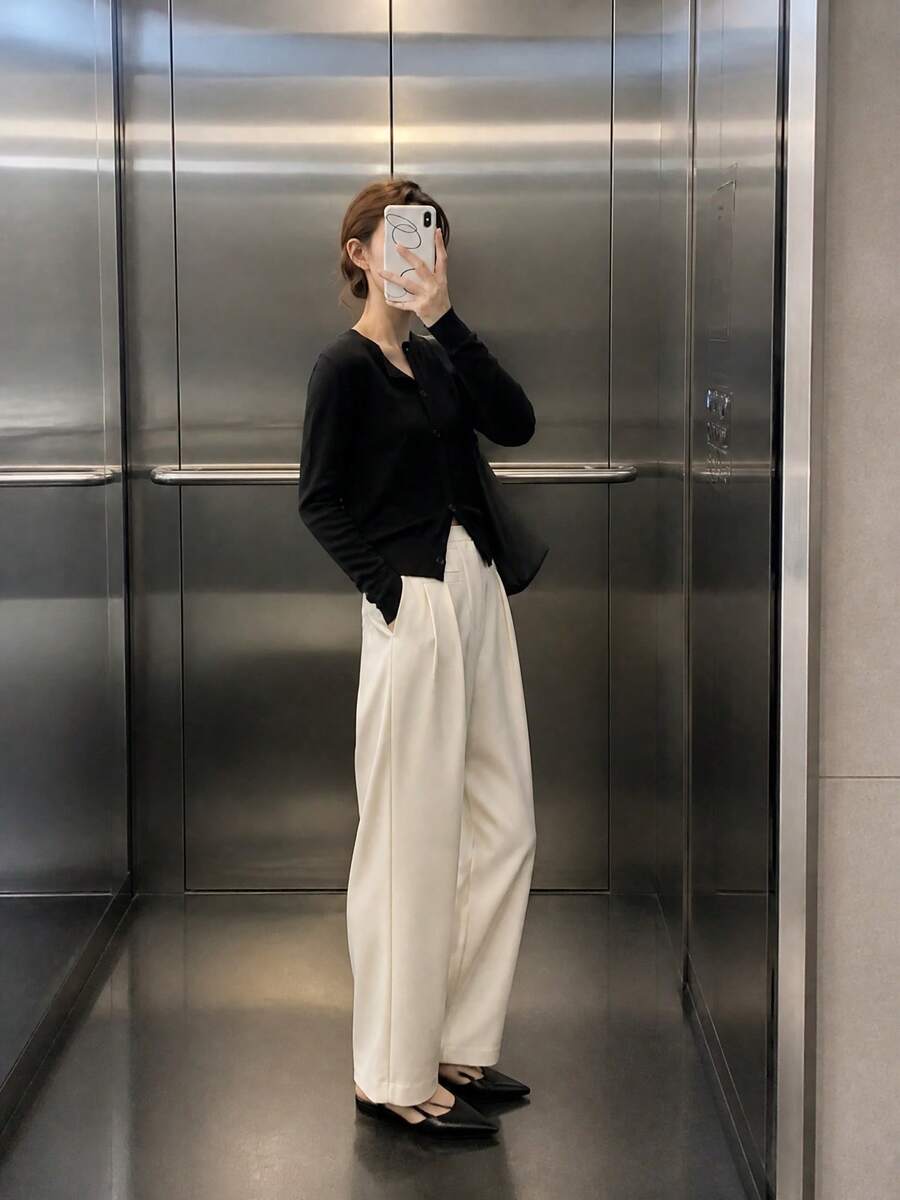 Stylish Women's Round Neck Long Sleeve Black Cardigan, Knitted Button Front Short Top, Versatile For Fall And Winter Wardrobe - Black - View 1
