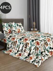 4-Piece Plant Leaf & Floral Pattern Bedding Set, Easy-Care Soft Bed Sheet Set, Floral Pattern Fitted Sheet Set (1 Flat Sheet + 1 Fitted Sheet + 2 Pillowcases), Garden Floral Fitted Sheet Set, Multiple Sizes Available, Deep Pocket Design, Pillowcases Up To 11.8 Inches, Soft & Breathable - Multicolor - View 2
