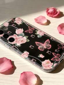 Creamy Dopamine Wave Ruffle Soft TPU Texture, Cream White Wave Edge Phone Case, Beautiful Playful Floral Phone Case Pink Rose Bow Print Black Background Transparent Wave-Shaped Curved Edge Soft TPU Shockproof Protective Phone Case, Compatible With Apple 11/12/13/14/15/16/17/18 Galaxy S21 S22 S23 S24 S25 S26/Honor/ And Other Models - Clear - View 4