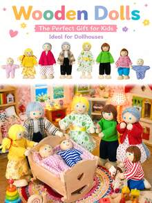 8pcs/Set Multi-Generation Wooden Family Doll Set, Dollhouse Miniature Figures, Children's Role Play Doll, Desktop Decoration, Birthday Gift - A Family Of Eight With Green Floral Print - View 2