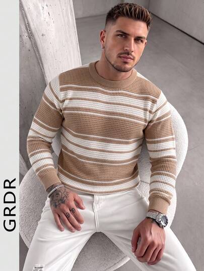 GRDR Men's Striped Colorblock Hollow Round Neck Long Sleeve Knit Sweater