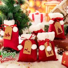 5/10pcs Drawstring Candy Gift Bags With White Pom Pom Christmas Gift Packaging Bags, Small Santa Claus Cloth Bags With Kraft Paper Tags (Random Pattern) And Rope, Suitable For Christmas Gifts, Party Favors And Holiday Table Decor - Multicolor - View 4