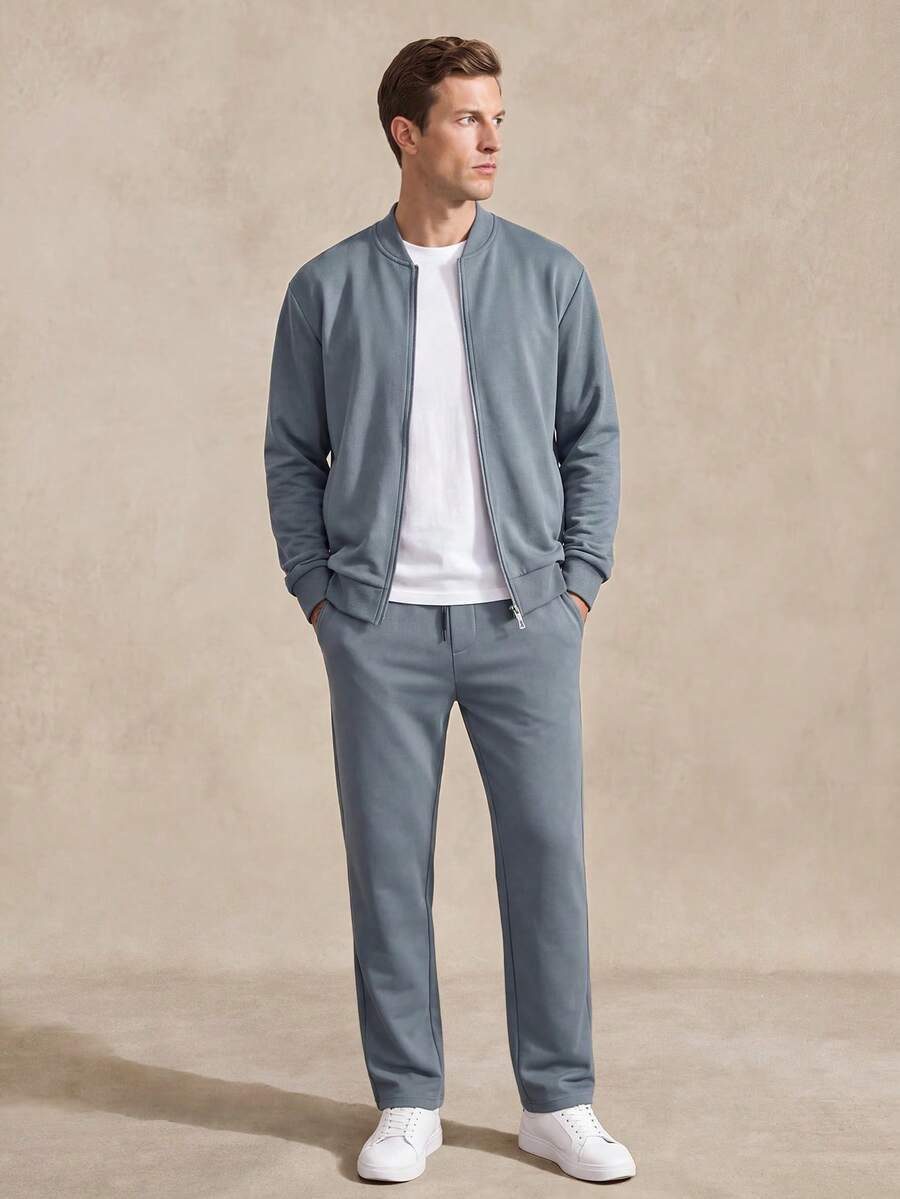 Courvante Men's Versatile Long Sleeve Zip-Up Jacket And Drawstring Waist Cargo Pants Set Fall - Dusty Blue - View 1