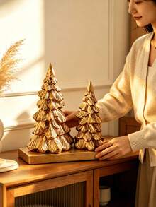 1 Set Vintage Metallic Gold Resin Christmas Tree Ornament, Desktop Christmas Decoration, Can Be Placed On Fireplace Mantel, Bookshelf, Coffee Table To Create Holiday Home Decor Atmosphere - 2pcs - View 1