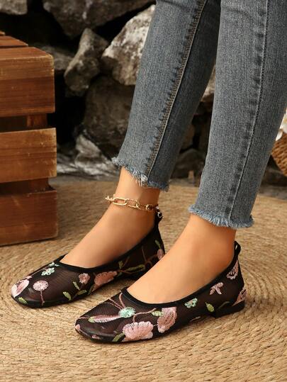 刺繡網布芭蕾平底鞋 方頭 透氣軟底平底鞋