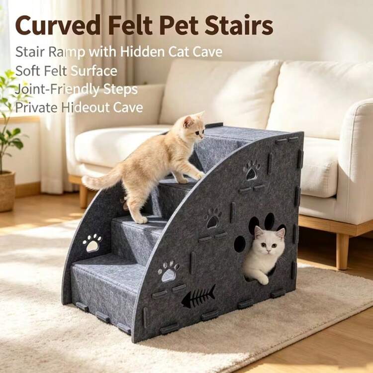 3-In-1 Multifunctional Felt Pet Stairs & Ramp, Anti-Slip Gentle Slope Cat Steps, Suitable For Sofa And Bed, 3 Sizes Available (Small/Medium/Large), Please Purchase Based On Cat Size - Grey - View 8