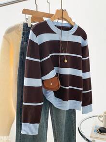 Women's Round Neck Colorblock Striped Knit Sweater, Long Sleeve Pullover, Casual Autumn/Winter Everyday Top - Blue/Khaki - View 3