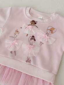 2Pcs/Set Baby & Toddler Girls Mesh Patchwork Sweatshirt Set, Ballet Girl Print Top With Frill Trim Leggings, 2 Pieces Outfit, Spring/Autumn - Pink - View 9