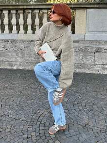 Women's Loose Casual Turtleneck Knit Sweater, Long Sleeve Regular Fit, Suitable For Autumn/Winter, Slightly Elastic Warm Knit Top - Khaki - View 4