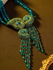 1pc Women's Fashion Vintage Jewelry Necklace, Retro Blue Ocean Style Tassel Seashell Heavy Craft Multi-Layer Faux Crystal Embellished Glamorous Necklace, Suitable For Banquet Wear - Multicolor - View 4