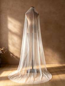 1pc Shiny Rhinestone Embellished Cathedral Length Bridal Veil With Hair Comb, Single Layer Soft Tulle Wedding Photography Accessory - Multicolor - View 9