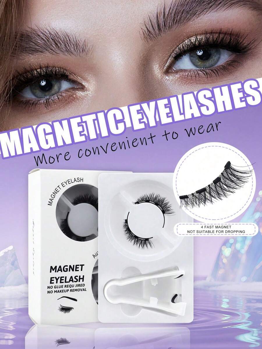 1 Pair Magnetic Fox-Style Winged False Eyelashes Set, Mink-Like Soft & Lightweight, Reusable Layered Lashes With Secure Root, Waterproof - Black - View 1