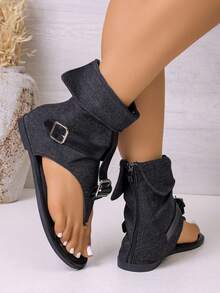 Women's Foldable Ankle Strap Sandals, Flat Sole, Easy To Wear, Everyday Footwear - Black - View 5