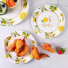 10/25pcs 7/9 Inch Lemon Print Pattern Disposable Paper Plates, Lemon Disposable Party Plates, Party Decoration, Disposable Party Supplies, Birthday Party, Gift Party, Celebration Decoration Disposable Plate Supplies - Multicolor - View 5
