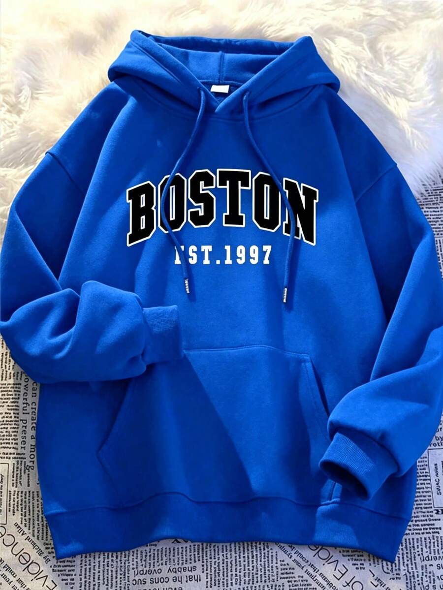 Sudadera con Capucha para Hombre casual elegante estampado gráfico de texto otoño invierno Manga Larga Ajuste holgado Casual Cómodo para diario y vacaciones - Azul - Ver 1