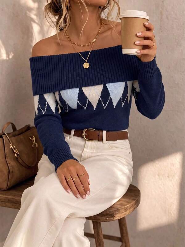 Just Masa Women's Fall Casual Vintage Preppy Off Shoulder Sweater,Argyle Colorblock Long Sleeve Rib-Knit Crop Top,For Daily Wear,School,Dating