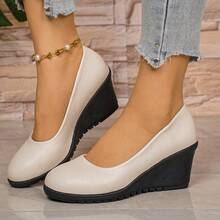 Sepatu hak wedges minimalis wanita, ujung bulat, sol tebal, menambah tinggi badan, gaya komuter musim semi/gugur, sepatu kasual serbaguna. - putih pucat - View 1