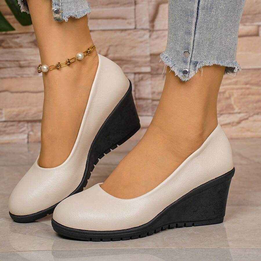 Sepatu hak wedges minimalis wanita, ujung bulat, sol tebal, menambah tinggi badan, gaya komuter musim semi/gugur, sepatu kasual serbaguna. - putih pucat - View 1