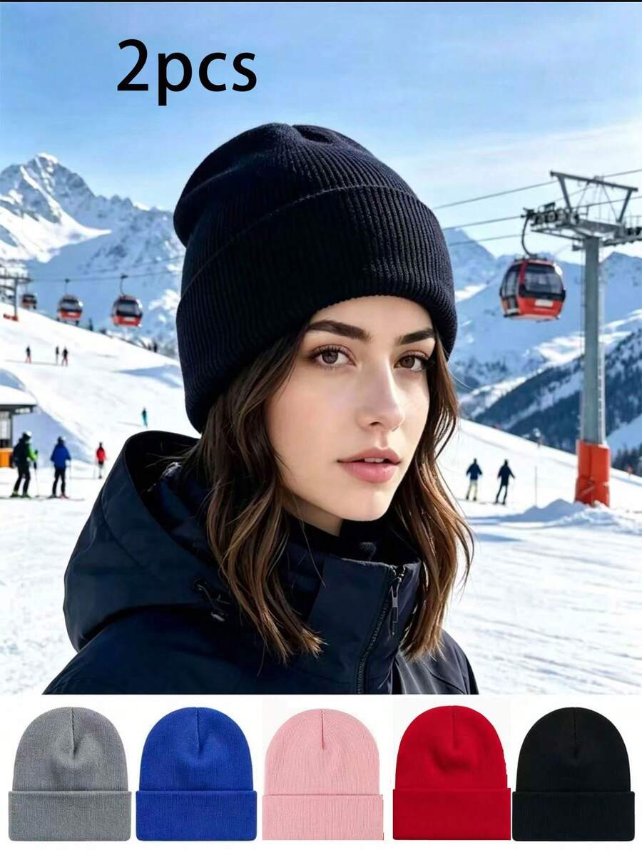 2pcs Lightweight Warm Beanie Hat Set, Knitted Hat - Unisex Style, Warm And Windproof, Suitable For Skiing, Outdoor Cycling, Running And Fishing Hiking, Solid Color Beanie (Random Color 2pcs/Set) - Multicolor - View 1
