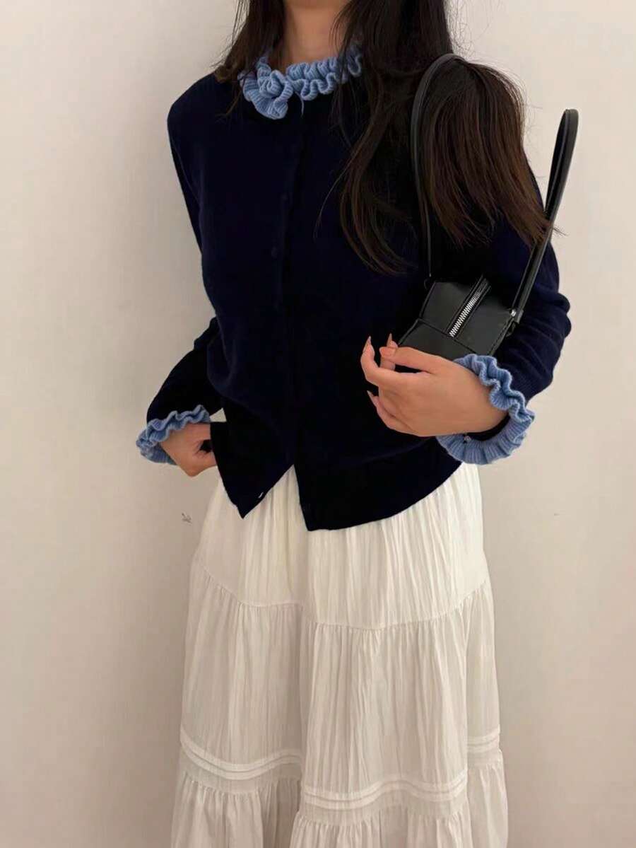 Women's 2 In 1 Knit Cardigan With Frill Trim, Korean Style Short Sweater Jacket Outerwear For Early Autumn - Navy Blue - View 1