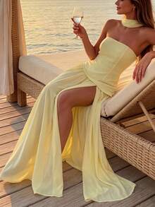 Women's Elegant Sleeveless Strapless Long Cocktail Dress, Slit Design, Medium Stretch Knit Fabric Yellow Wedding Party Fall - Yellow - View 5