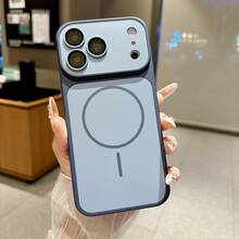 Morandi Color Block Large Window Magnetic Wireless Charging Phone Case, Full Coverage Lens Frame Shockproof Protective Cover, Fresh Minimalist Style Compatible With IPhone 18 Pro Max/18 Pro/Ultra/17 Air/18/17/16/15/14 Pro Max/13 Series, Gift For Girls - Blue - View 3