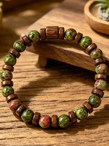 Natural Dragon Blood Stone Wooden Bead Wealth Bracelet, Handmade Elastic Bracelet, Prosperity And Good Fortune, Comfortable Elastic Bracelet For Men And Women, Fashionable Jewelry For Daily Wear, Ideal Gift For Office, Party, Birthday, Anniversary, Valentine's Day, Father's Day And All Special Occasions - Multicolor - View 3