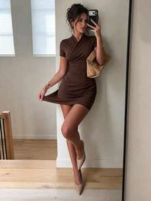 SUNSTORY Women's Autumn Solid Color Cross-Front Wrap Cut Short Sleeve V-Neck Waist-Cinching Bodycon Knit Dress, Suitable For Daily Outings, Dates, Gatherings, Coffee Shop Visits, Selfies, Shopping, Vacation, Casual Wear - Brown - View 4