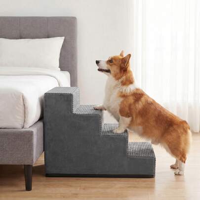 SONGMICS Hundetreppe für Kleine Hunde, 4 Stufen Waschbare Katzentreppe aus Schaumstoff für Sofa, 62 x 40 x 44 cm, Grau