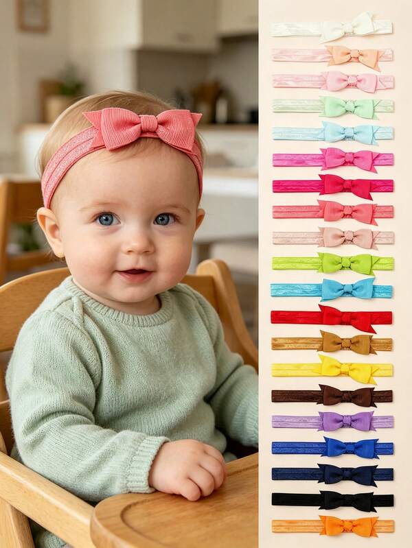 20PCS Children's Small Bowknot Decorative Hairbands, Solid Color Hair Tie Set, Non-Slip Casual Hair Accessories, Suitable For Daily Wear