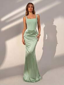 Green Elegant Satin Square Neck Corset Lace-Up Back Draped Mermaid Maxi Dress For Evening Party Prom Night Out Summer Vacation - Mint Green - View 11