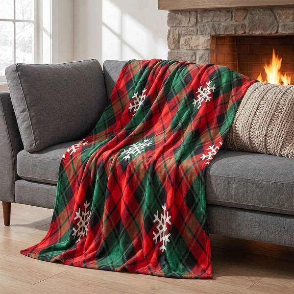 Soft & Comfortable 1pc Christmas Vintage Plaid Snowflake Modern Flannel Blanket - Stylish Polyester Nap Blanket - Digital Print Craft, Suitable For Sofa, Bed, Travel, Office Home Decor