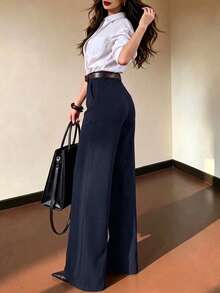 女款秋季優雅休閒高腰百褶寬腿西裝褲 金色鈕扣細節 側口袋 寬鬆版型 早午餐城市通勤上班穿搭 - 藍色 - 查看 6