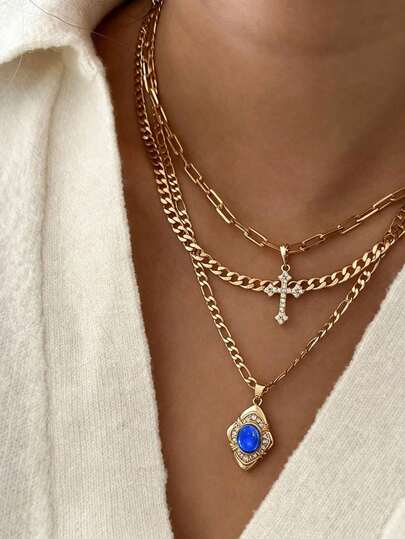 1 buah Kalung Liontin Persegi Batu Permata Biru Unik, Rantai Tulang Selangka Berlapis Ganda Bergaya Vintage, Aksesori Perhiasan Fashion untuk Wanita, Cocok untuk Pesta Liburan Halloween