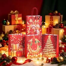 Red & Gold Foil Christmas Kraft Paper Gift Bag With Gold Christmas Tree, Wreath & Colorful Ball Print, Red Jute Rope Handle, For Christmas Holiday Gift Wrapping, Winter Party & Boutique Packaging, Random Style - Red - View 3