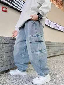 Celana Jeans Denim Kasual Model Lurus untuk Anak Laki-Laki, Gaya Jalanan - Biru - View 3
