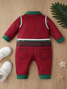 Christmas Santa & Reindeer Print Baby Long Sleeve Romper, Red & Green Colorblock Faux Belt Holiday Infant Long Crawler - Multicolor - View 4
