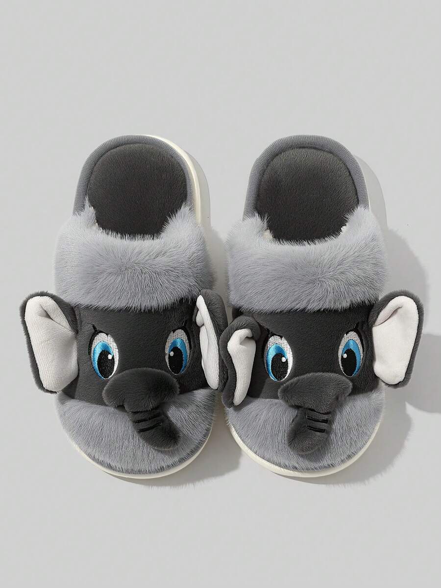 Men's Cartoon Elephant Plush Slippers, Home Soft Closed-Toe Slippers With Nose