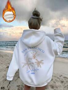 Women's Drawstring Sweatshirt, Cute Orange Juice Bottle Japanese Text Graphic Back Print, Soft Loose Casual Silhouette Sweatshirt For Autumn/Winter - White - View 1