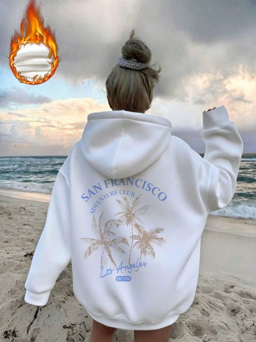 Women's Drawstring Sweatshirt, Cute Orange Juice Bottle Japanese Text Graphic Back Print, Soft Loose Casual Silhouette Sweatshirt For Autumn/Winter - White - View 1