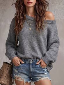 Women's Casual Grey Solid Color Long Sleeve Pullover Sweater, Rib-Knit Round Neck Drop Shoulder Sweater - Grey - View 2