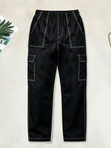 Men's Contrast Stitching Cargo Pants, Elastic Drawstring Waist, Multi-Pockets, Straight Leg, Black Casual Long Pants, Sports Autumn Style - Black - View 3