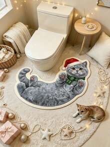 1pc Christmas Hat Gray Cat Pattern Doormat, Bathroom Mat, Bathroom Rug, Door Mat, Small Rug, Carpet, Floor Mat, Home Decor, Area Rug, Outdoor Mat, Home Decor, Area Carpet, Bedroom Rug, Washable Carpet - Multicolor - View 2
