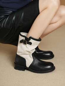 Women's Colorblock Canvas Patchwork Riding Boots, Metal Buckle Chunky Heel Round Toe Mid-Calf Boots, Autumn/Winter Fashion Casual Boots - Beige - View 12