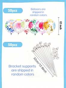 100/50pcs 12-Inch Colorful Floral Print Transparent Sequin Latex Balloons With Balloon Stick Holder, Spring/Summer Tropical Party Decor, Birthday Wedding Bridal Shower Graduation Picnic Party Supplies - Multicolor - View 9