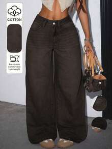 Women's Casual Loose Straight Leg Jeans With Pockets Brown Fall - Brown - View 2