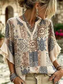 Plus Size Bohemian Vintage Print Flowy Blouse For Women With V-Neck, Short Sleeves And Ruffle Hem - Brown - View 1