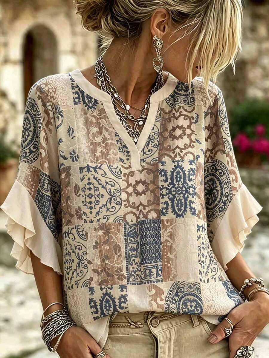 Plus Size Bohemian Vintage Print Flowy Blouse For Women With V-Neck, Short Sleeves And Ruffle Hem - Brown - View 1