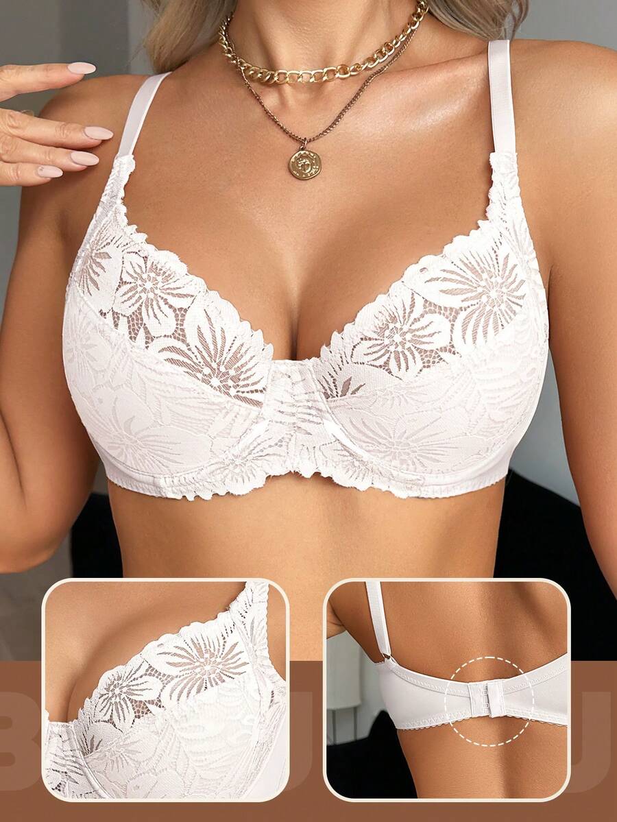 MEIYATING Women's Sexy Push-Up Bra, Floral Lace White Lightweight U-Back Lingerie